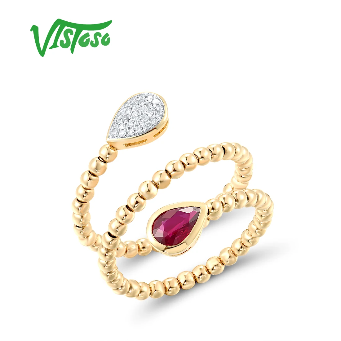 VISTOSO Genuine 14K 585 Yellow Gold Rings For Women Sparkling Ruby Diamond Stylish Ring Gorgeous Flexible Concise Fine Jewelry