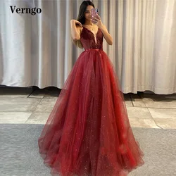 Verngo Glitter Burgundy Short Prom Dresses With Removable Long Overskirt Spaghetti Straps Applique Tulle Party Evening Gowns