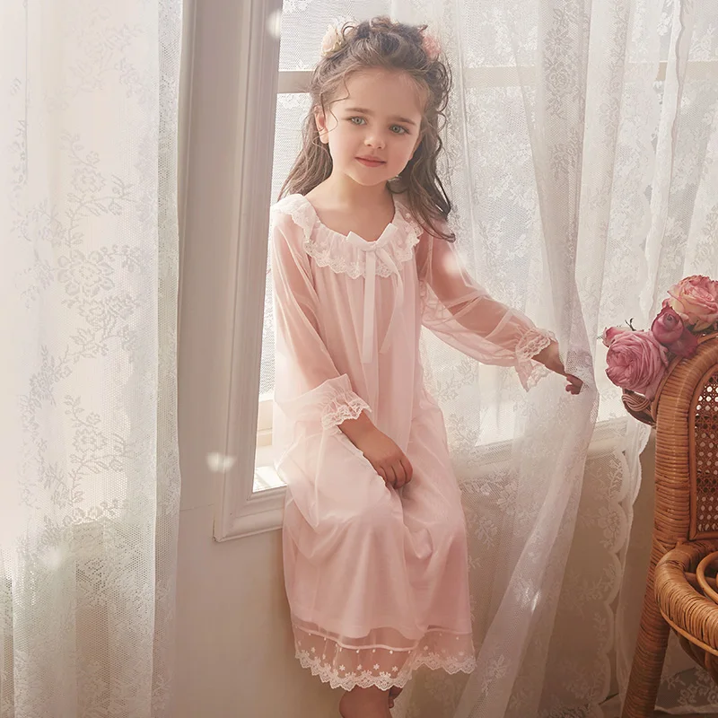 Children Girl Lolita Dress Voile Princess Sleepshirts.Lace Long Sleeve Nightgown.Courtly Style Toddler Kid Nightdress Loungewear