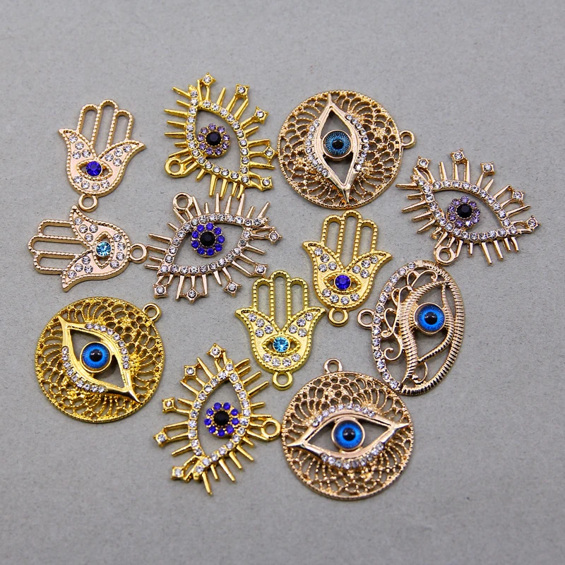 6 sztuk Mix Hand of Fatima Evil Eye stop inkrustowane dżetów wisiorek dla kobiet tworzenia biżuterii Diy biżuteria wisiorek miłość akcesoria