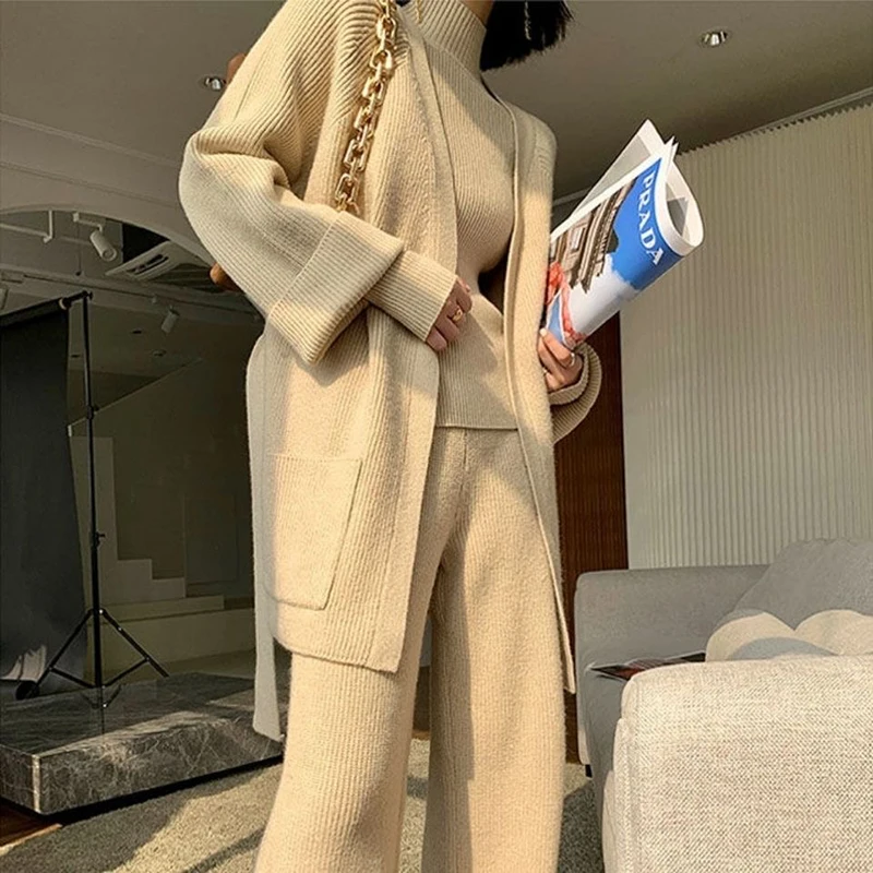 Winter Thicken 1.5kg Sweater 3 Piece Sets Knit Long Cardigan Turtleneck Slim Pullover Outfits Wide Leg Pants Tracksuit With Sash