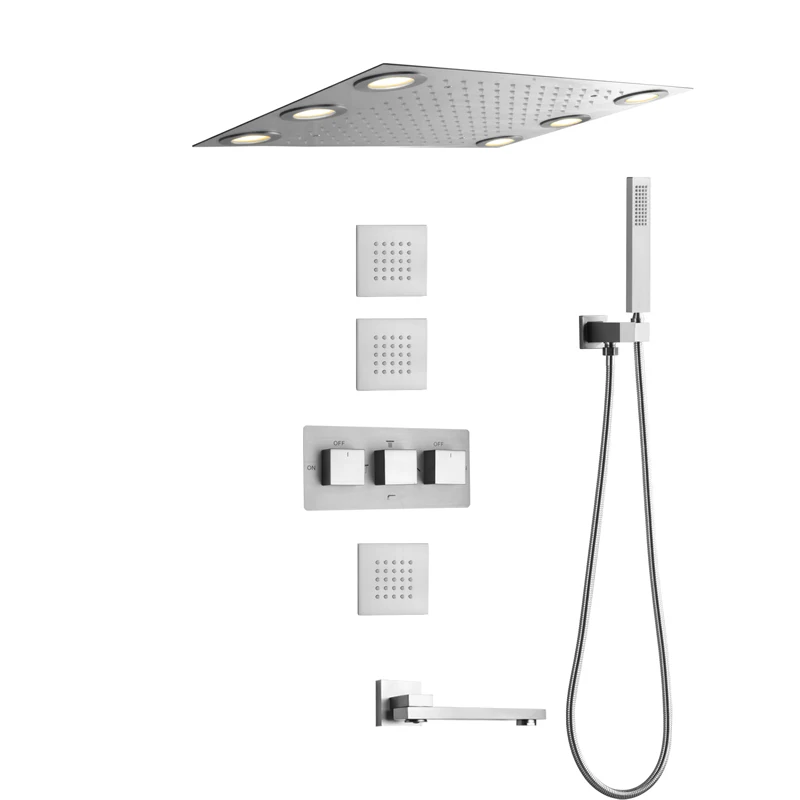 

Brushed Nickel Hot And Cold Shower Faucet Set 50x36 Cm LED Bathroom Rainfall Concealed Shower System With Handheld