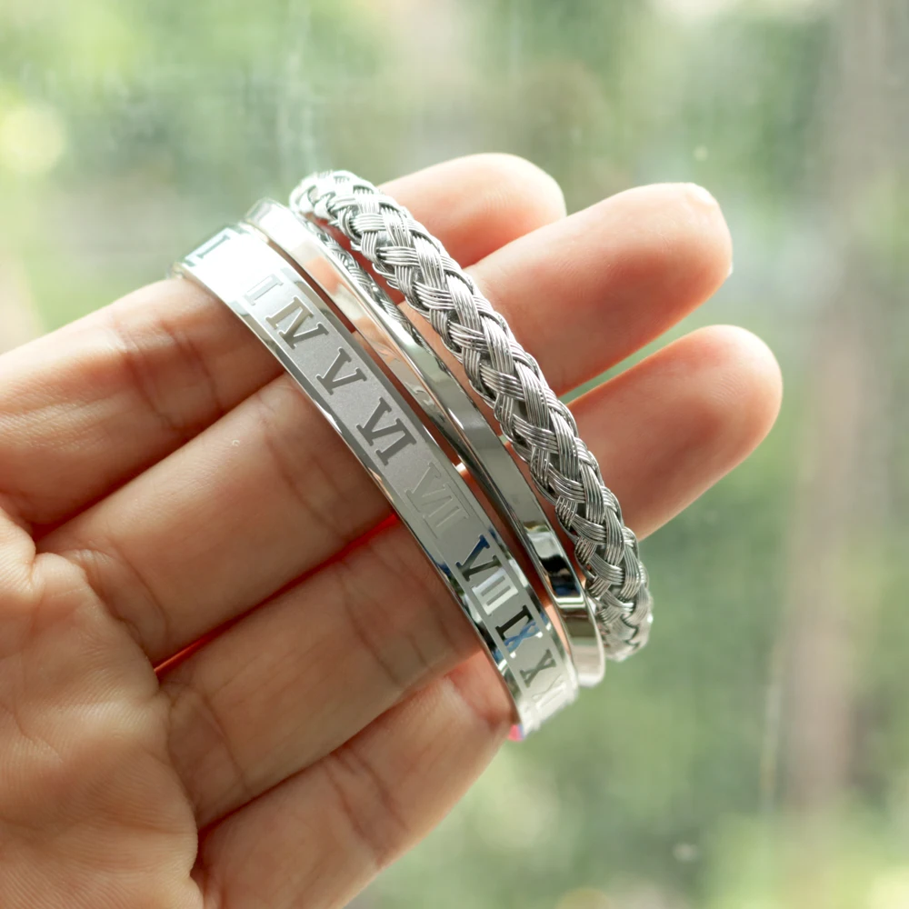 3pcs/set Luxury Roman Number 316L Stainless Steel Wristband Braiding Bangles Opening C Shaped Cuff Bracelets For Men