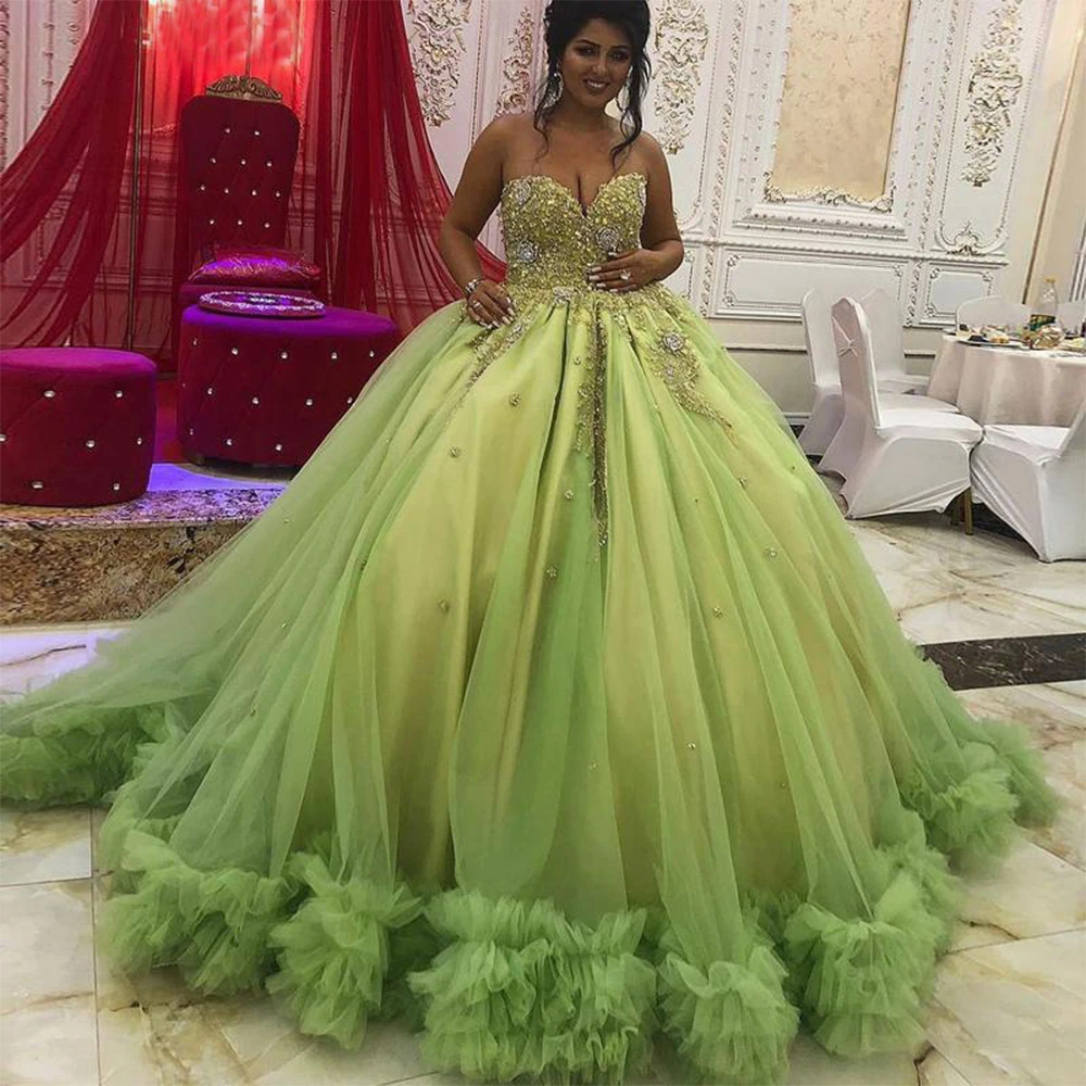 Light Green OrganzaApplique Crystal Beaded Prom Dresses Sleevesless Sweetheart Neck Ball Gowns Evening Gown Customize Vestido De