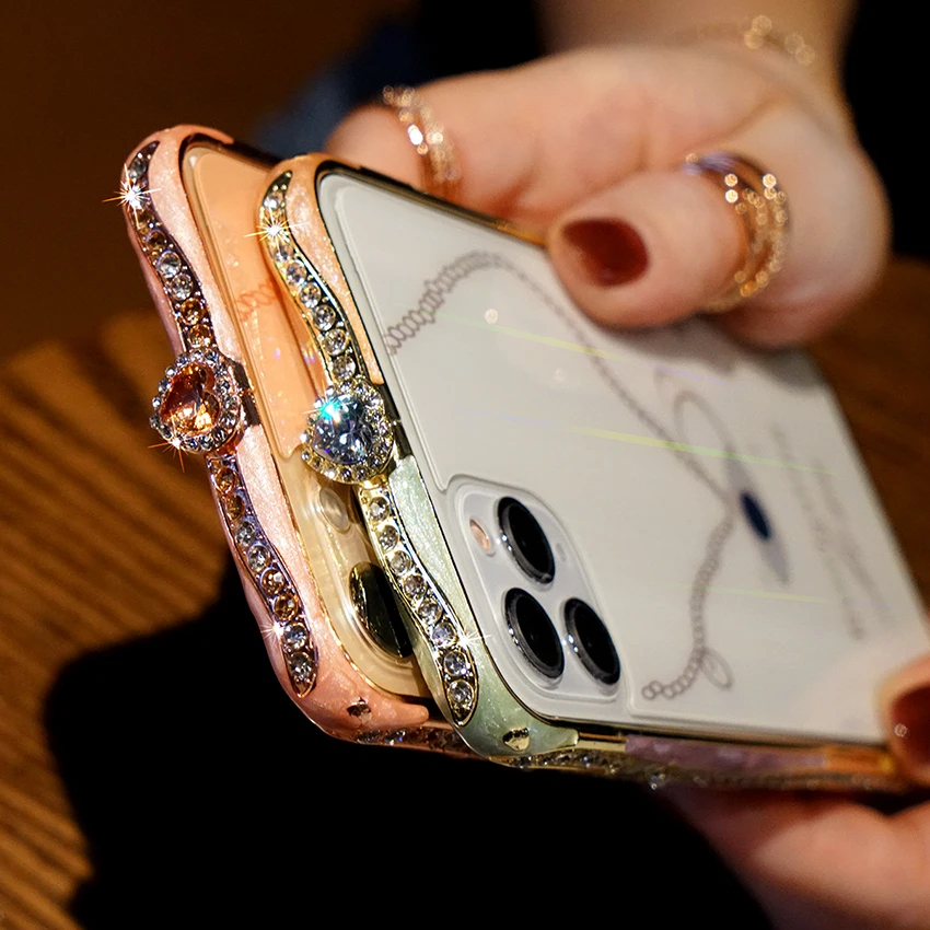 Ceramics Diamond Metal Bumper Case For iPhone 11 Pro Max X XR XS 7 8 Plus Cover Rhinestone Aurora Tempered Glass Glitter Bling