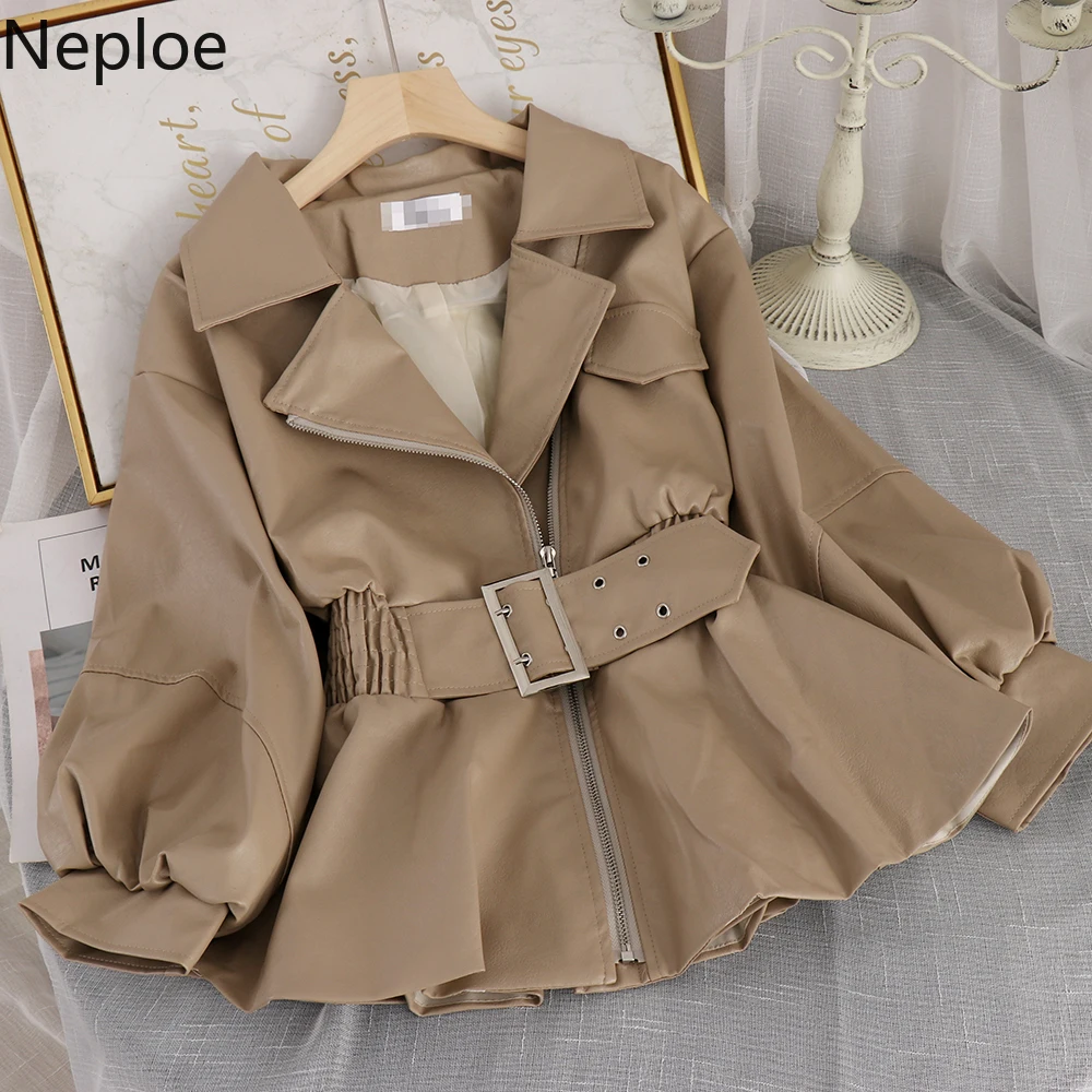 Neploe Fashion Faux Leather PU Coat Korean Style Turn-Down Collar Slim Outwear Full Autumn Women Leather Jacket with Belt