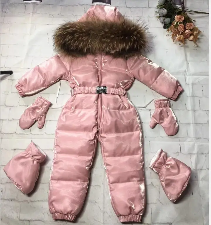 2022 Winter baby girl down coat Baby clothes print outerwear Fur Hooded children\'s Snowsuit down overall Child jumpsuit romper