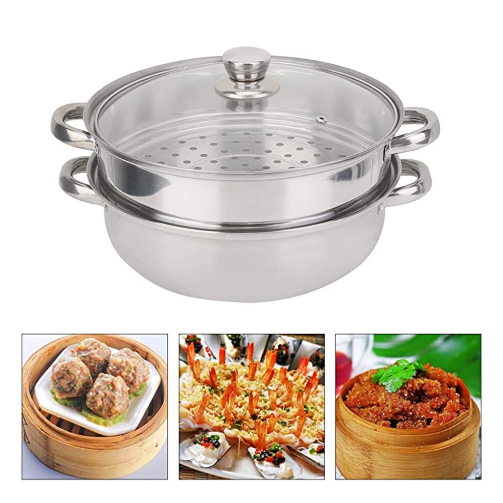 28cm 2-Layer Steamer Stainless Steel Kitchen Boiling Soup Steaming Pot with Lid