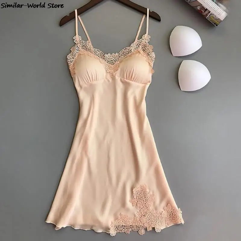 Senhoras sexy cetim de seda noite vestido sem mangas camisola com decote em v camisola de noite de renda pijamas para mulher S-XL