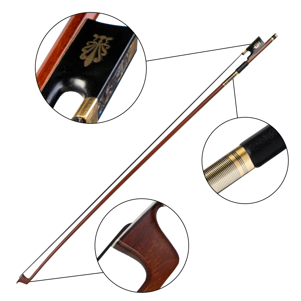 5pcs/1set 4/4 Violin Bow Round IPE Stick Ebony Frog Peacock Pattern Inlay Golden Wire And Black Silk Winding Advanced Bow