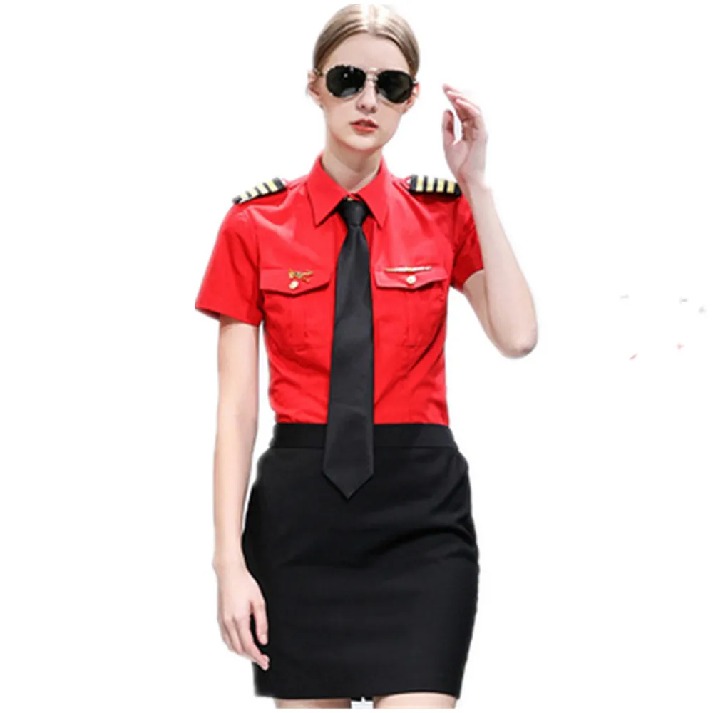 

Summer Office Ladies Red Shirt Bar KTV Attendant Work Clothes Airline Stewardess Uniform Student Tops For Cosplay