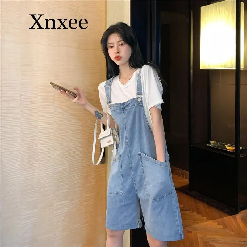 

Summer Women Loose Light Color Pocket Denim Pants Korean High Waist Wide Leg Jeans Roll Up Strap Shorts Jumpsuits