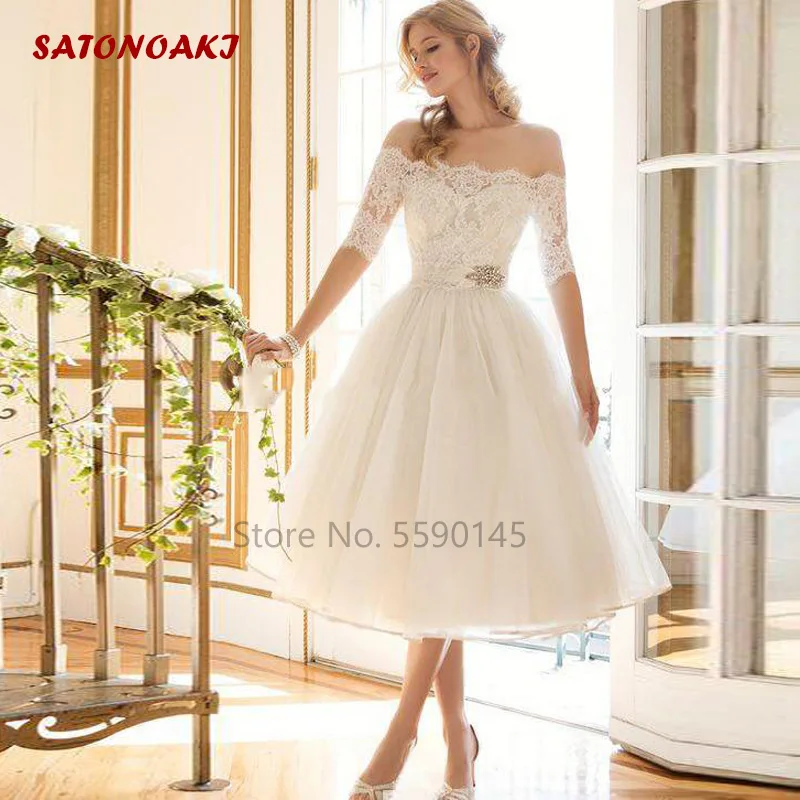 

2024 Gorgeous Ivory Knee Length Wedding Dress A Line Off The Shoulder Lace Applique Bridal Gown Vestido De Novia Mariage Online