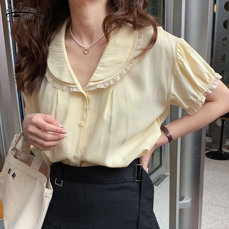 Vintage Puff Sleeve Women Blosues Sweet Elegant Peter Pan Collar Lace Blouse Women Summer Yellow Fashion Tops Blusas Mujer 14831