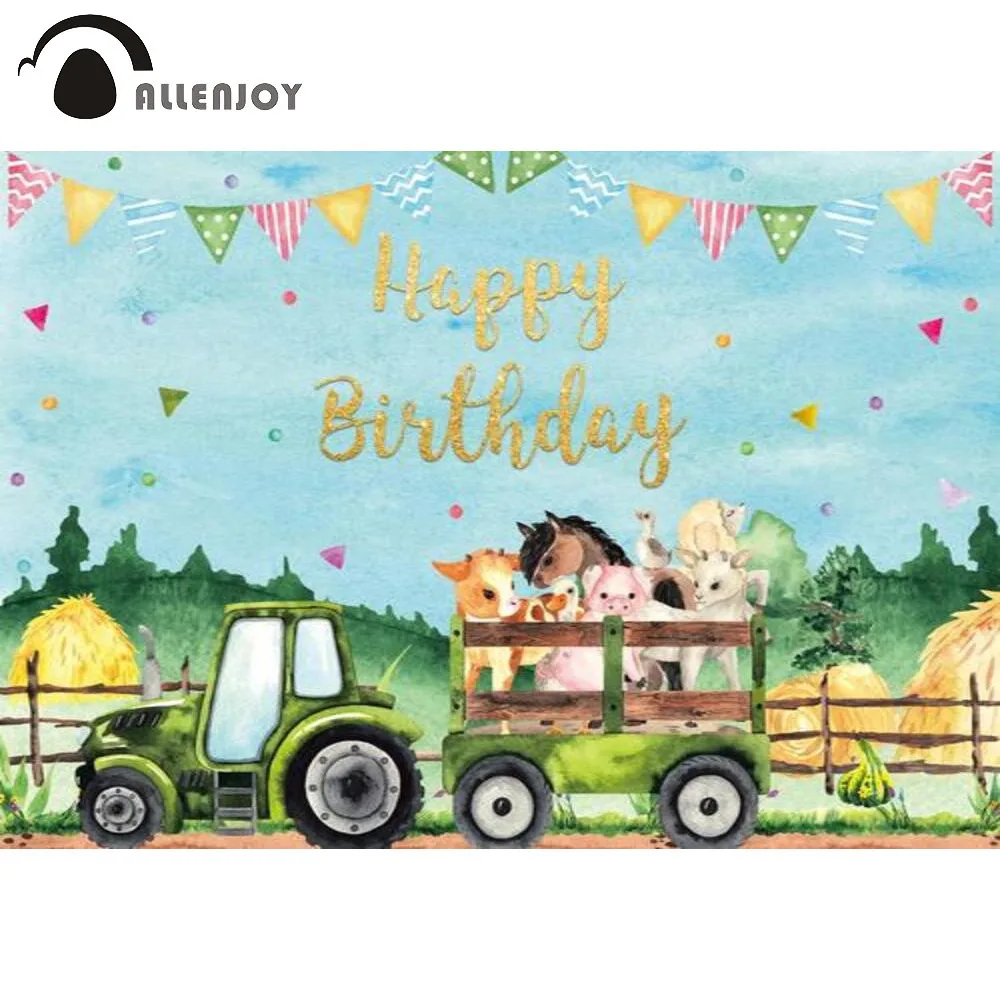 

Allenjoy Happy Birthday Kids Party Background Animals Baby Shower Newborn Green Banner Truck Dots Haystack Hills Photo Backdrop