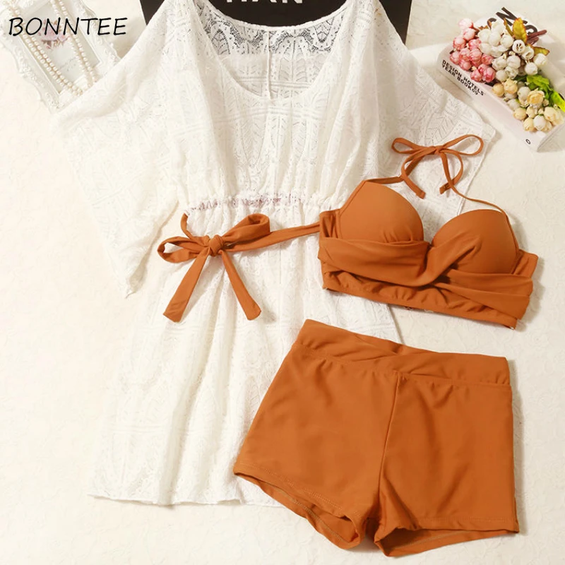 

Bikini Set Women Summer New Chic Korean Slim Spaghetti Strap Sexy Soft Ladies Three Piece Swimsuit White Hollow Out Elegant Tops