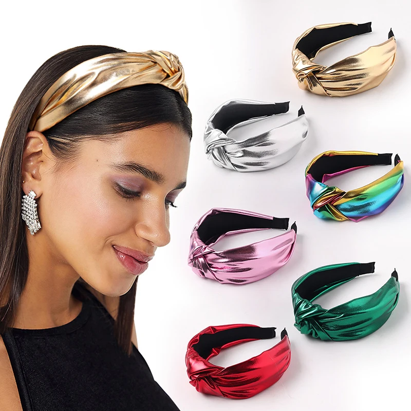 2022 PU leather Headbands Gold Silver Knotted Hairbands Glitter Headband Solid Color Leather Hair Hoop Women Hair accessories