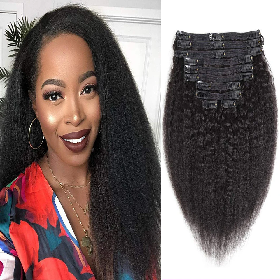 Kinky Straight Clip In Human Hair Extensions 120g 8Pcs/Pack Full Head For Black Women Brazilian Kinky Clip In Hair Extensions