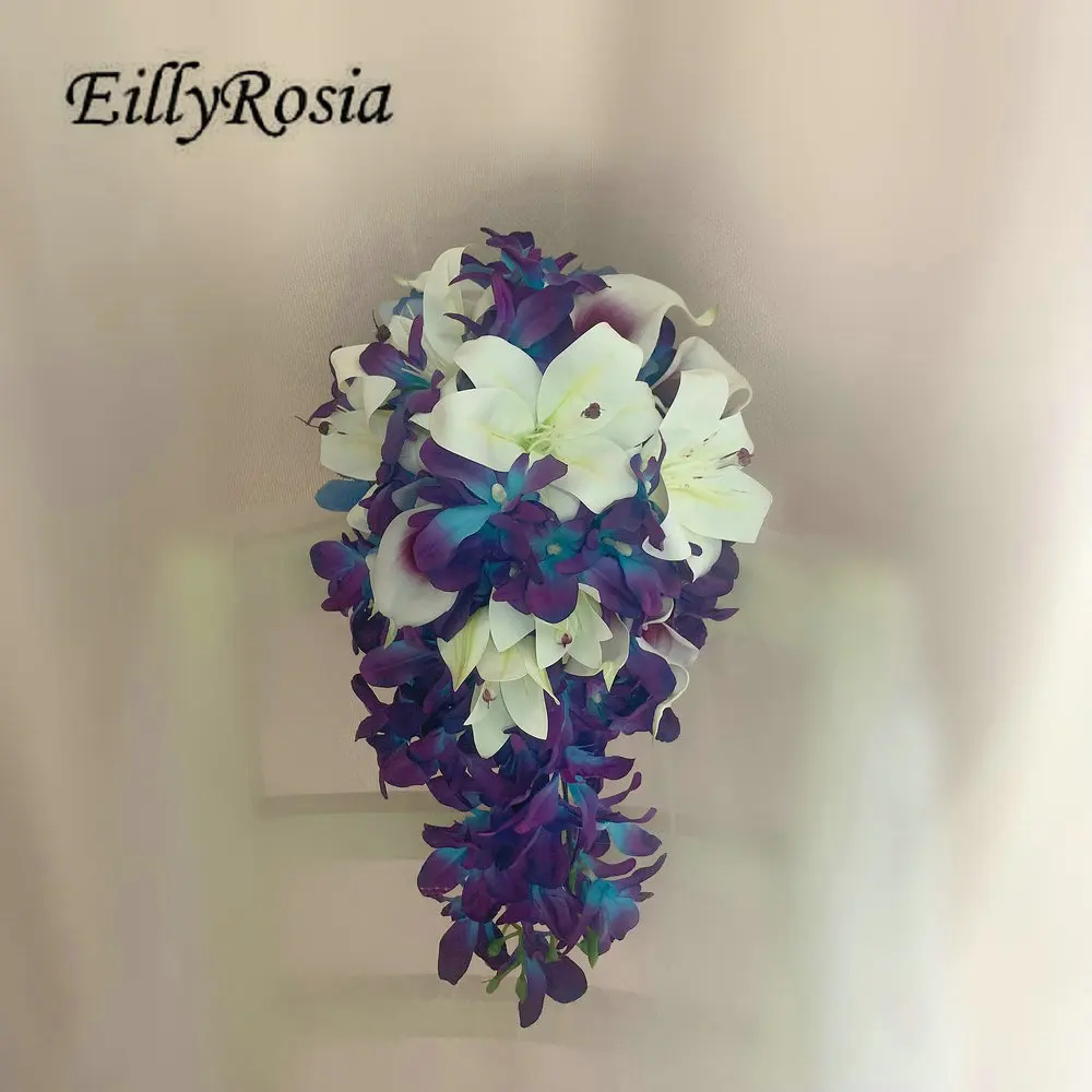 Eillyrosia Cascading Picasso Bruidsboeket Wit Parfum Lelie & Calla Lelie Galaxy Orchideeën Paars Blauw Hortensia Bruidsboeket