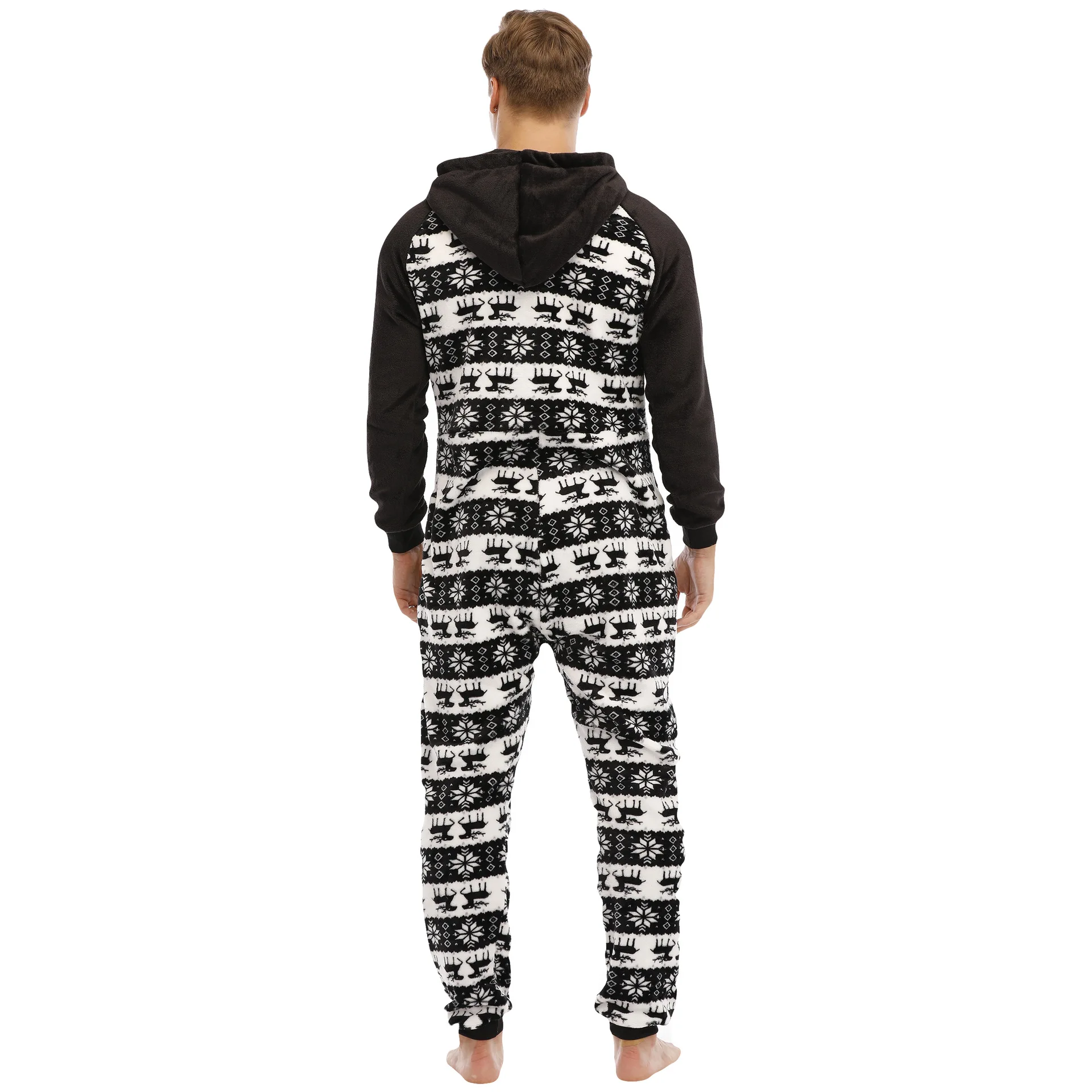 Mono de franela para hombre, sudadera de manga larga, pijama de una pieza, informal, Chándal estampado negro de Navidad