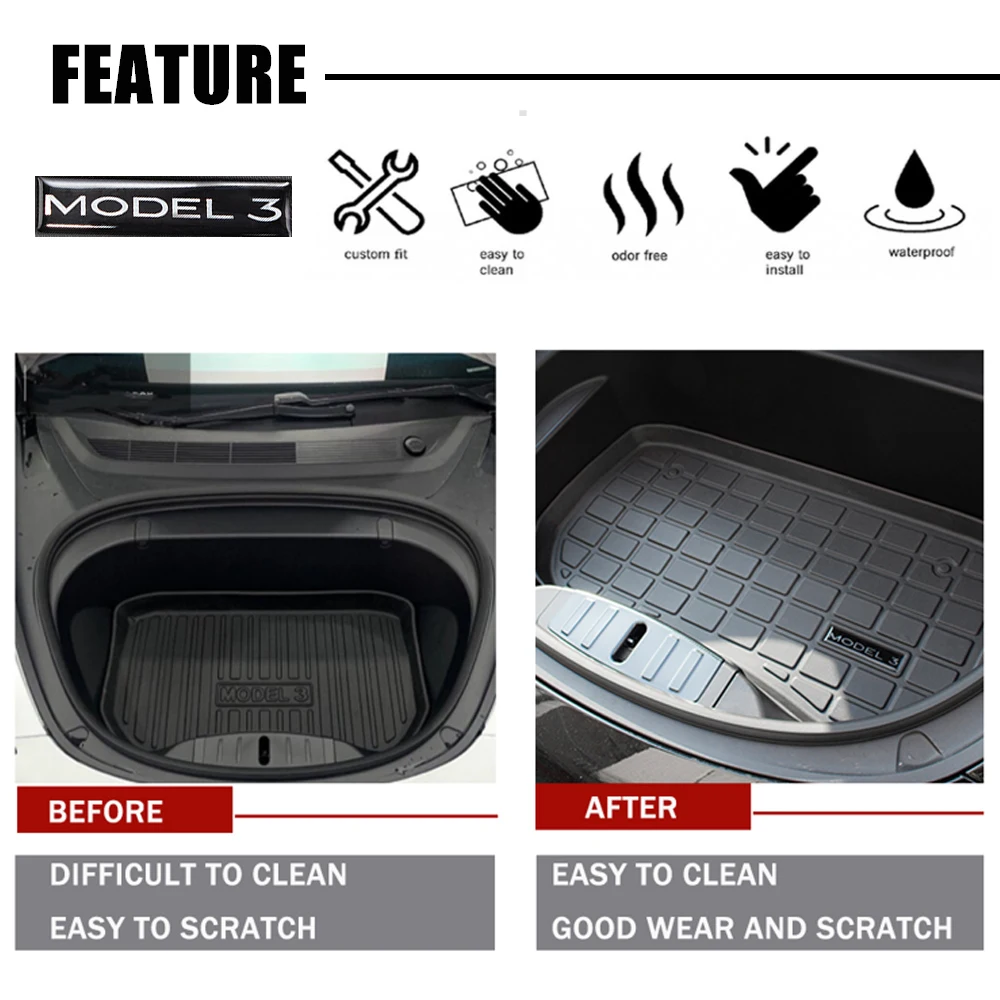 

Waterproof Car Front Trunk Mat For Tesla Model 3 2021 TPE Wearable Cargo Tray Storage Pads All-Protection Heavy Duty Front Liner