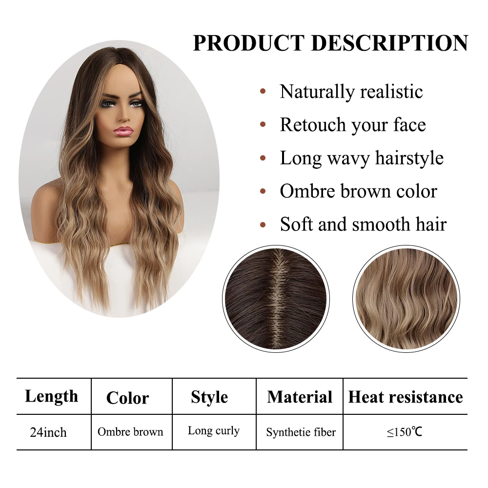 EASIHAIR Ombre Light Brown Blonde Long Water Wavy Synthetic Wigs Natural Middle Part Daily Hair for Women Cosplay Heat Resistant