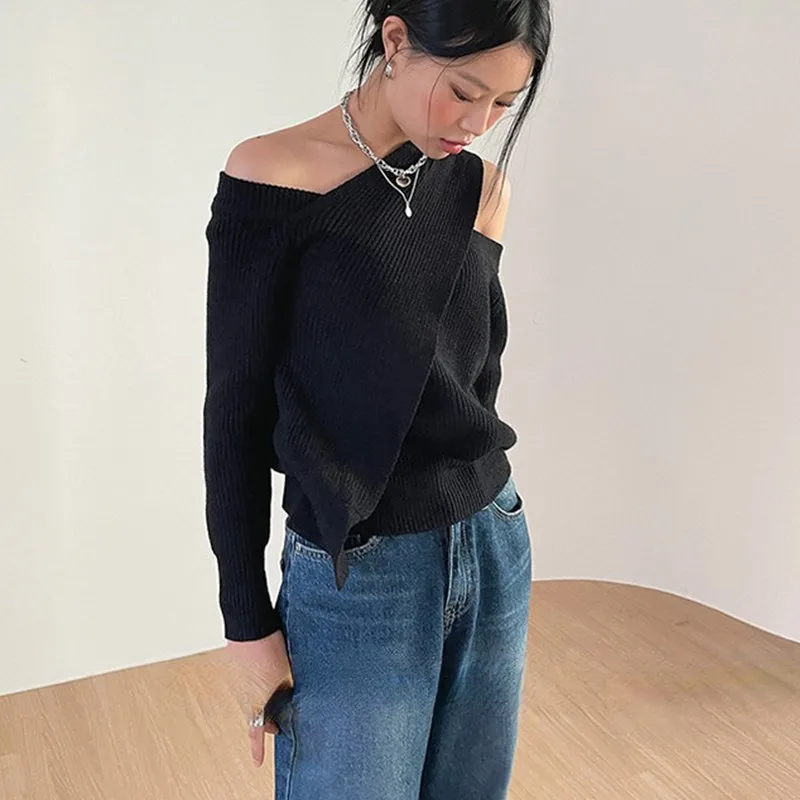 Karrram Winter Spring Women Sweater Knitted Cutout Sexy Off Shoulder Cross Korean Style Jumper Warm Lady Tops Irregular Pullover