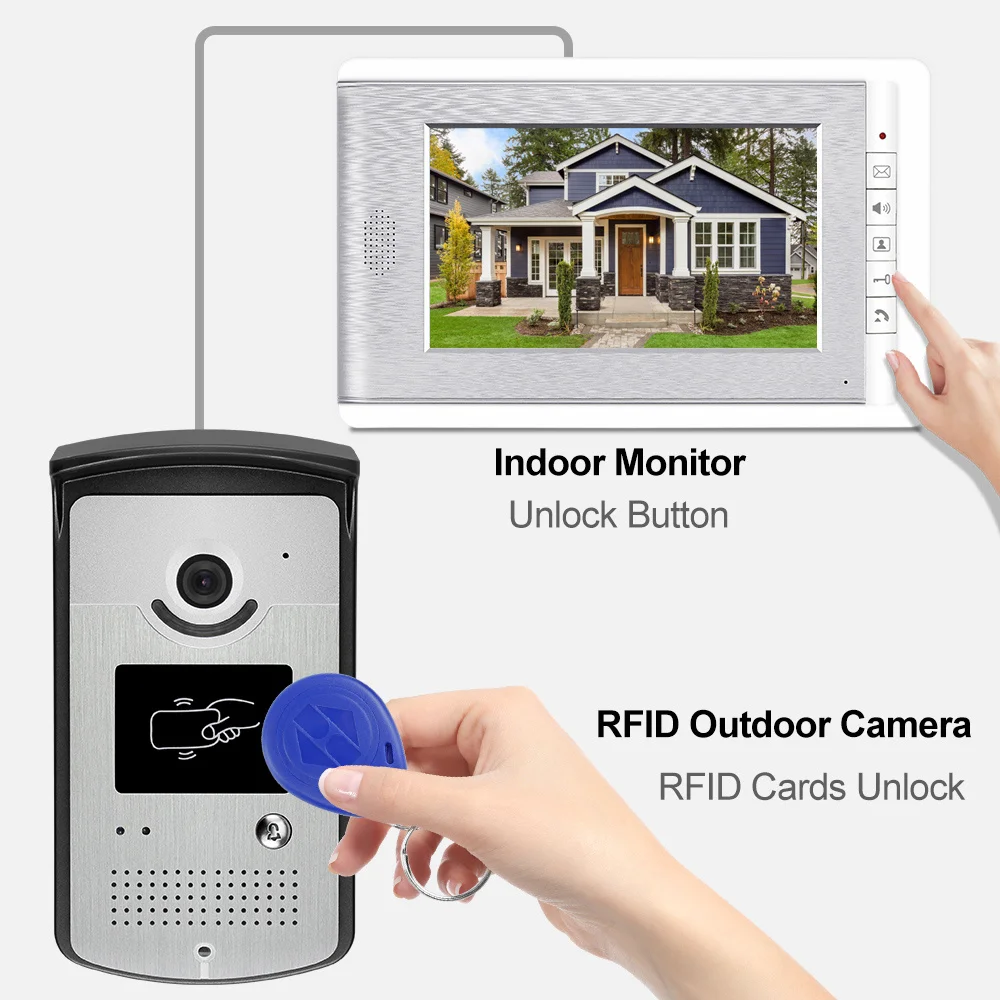 RFID Video Intercom System Door Phone 7inch Color Monitor Screen Video Camera Doorbell Support EM Card Unlocking for Home Villa