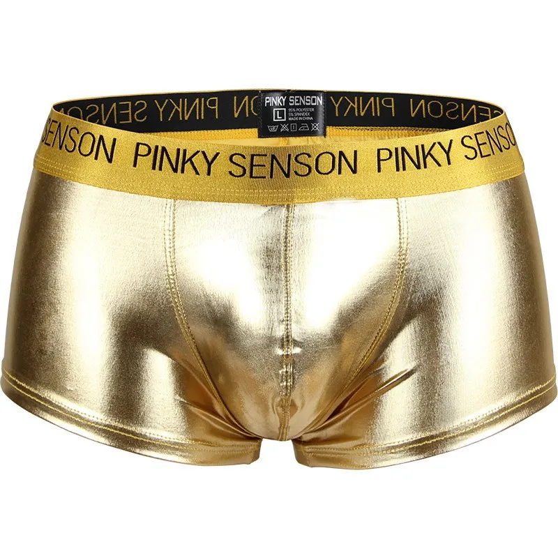 Men Boxers Shorts Bright Gold Faux Leather Male Panties Performance Underwear U Convex Pouch Homme Boxers