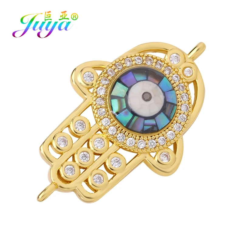 Juya DIY Turkish Lucky Eye Jewelry Making Supplies Handmade Gold Hamsa Fatima Hand Abalone Shell Greek Evil Eye Charms Connector