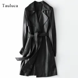 Casaco trench coat feminino de couro genuíno britânico, jaqueta comprida com cinto em pele de ovelha verdadeira, sobretudo para outono e inverno