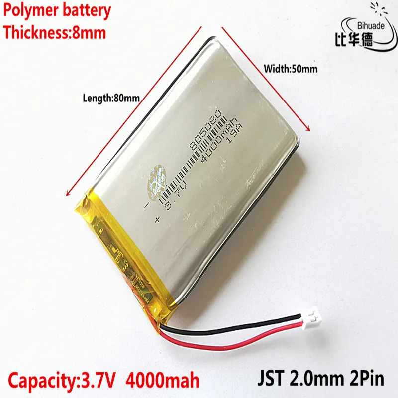 JST 2.0mm 2Pin Liter energy battery 3.7V,4000mAH 805080 Polymer lithium ion / Li-ion battery for tablet pc BANK,GPS,mp3,mp4