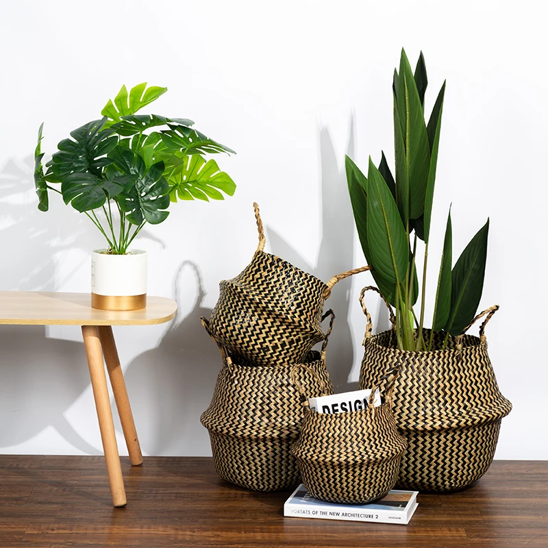 WHISM Hand-woven Seagrass Basket Plant Pot Wicker Storage Baskets Organizer Laundry Picnic Grocery Belly Container Black Strips