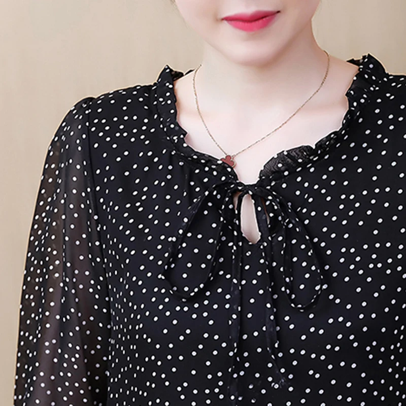 Elegant Women\'s Shirts Fashion Woman Blouses 2023 Polka Dot Chiffon Tunics Puff Long Sleeve Clothing Black Shirt Oversized Tops