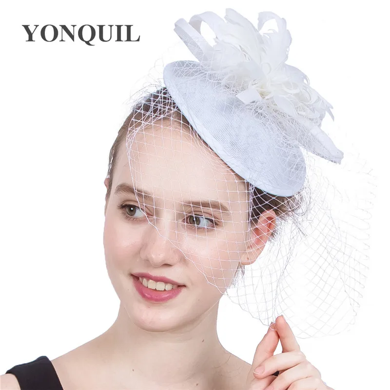 

Women Fancy Wedding Mesh Hats Fascinators Bridal White Millinery Cap Feather Lady Party Headwear Headband Net Hair Accessories