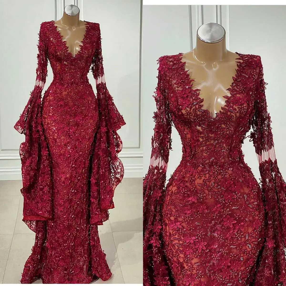 Full Lace Appliques Prom Dress 2021 Fashion Long Sleeves V Neck Mermaid Evening Gowns Vestido De Novia