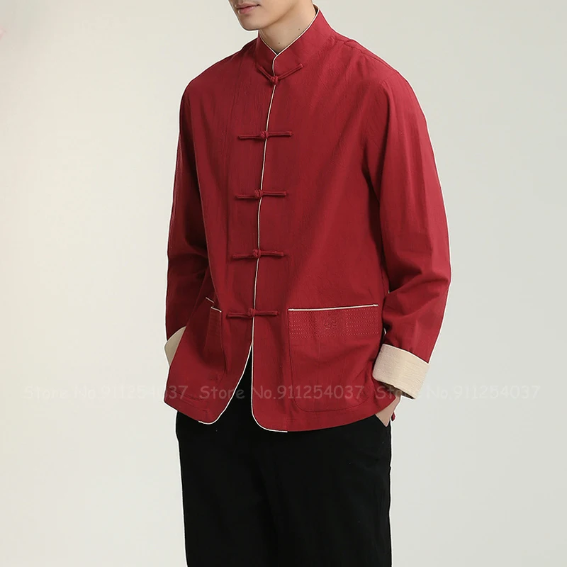 

Chinese Style Linen Tang Suit Men Long Sleeve Tops Shirt Casual Pants Oriental Zen Tea Kung Fu Uniform Set Blouse Coats Trousers