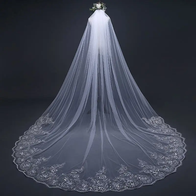 4M One-Layer Vrouwen Trailing Kathedraal Wedding Veil Geborduurde Bloemen Kant Applique Geschulpte Trim Bridal Veil Met