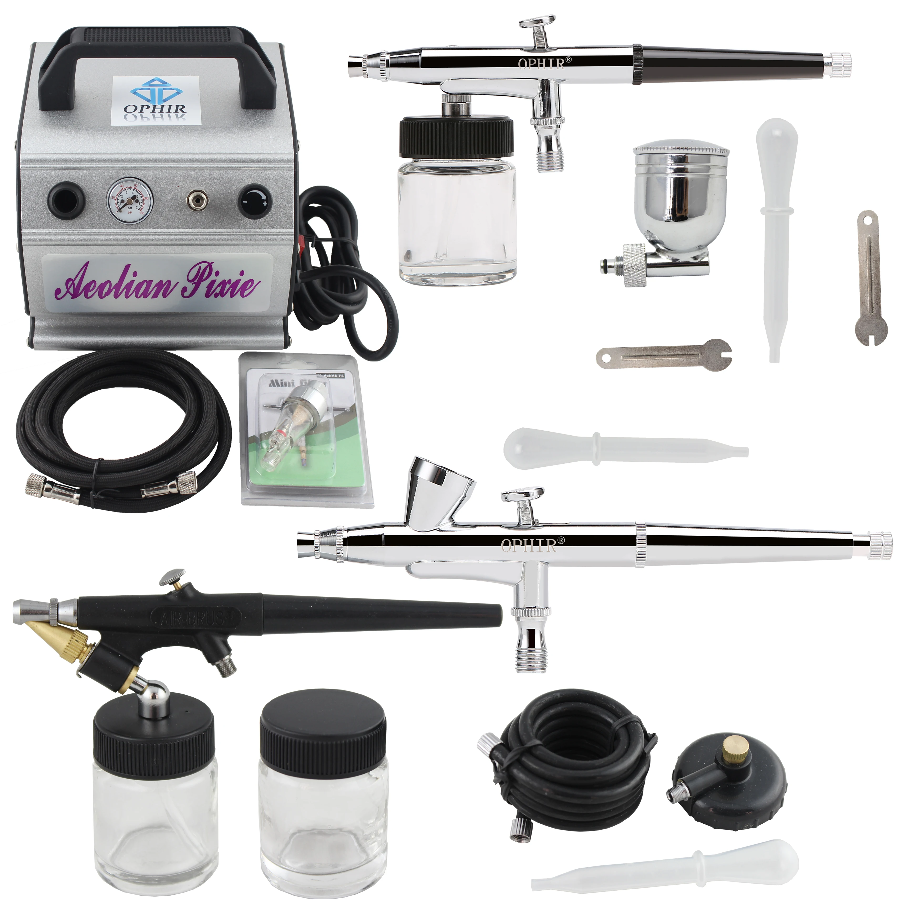 OPHIR Dual-Action & Single-Action Airbrush Kit with Air Compressor Airbrush Pots for Model Car Painting Hobby _AC088+005+071+073