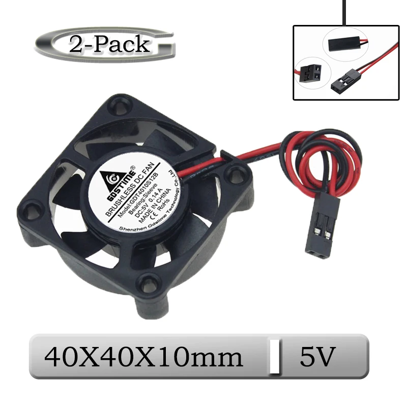 

2 Pcs Gdstime 5V 40mm 40x40x10mm Brushless DC Exhaust Cooling Fan 4010S 4cm 40mm x 10mm Mini Dupont Connector Cooler