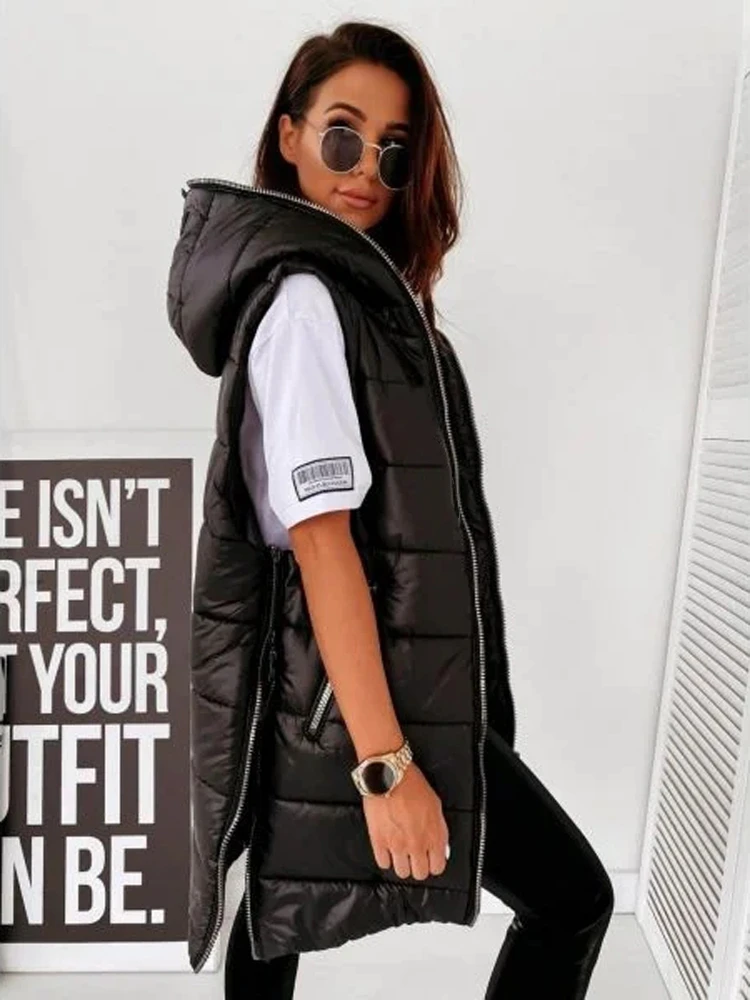 Sleeveless Vest Hooded Jacket Women Quilted Puffer Coat Cotton Padded Waistcoat Casual Streetwear Fashion Zipper Pocket Jacket