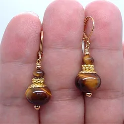 Tiger Eye Gold Gemstone Earrings 18k Hook chain Lever backs Flawless Irregular simple Dangle Earlobe Aurora Mesmerizing