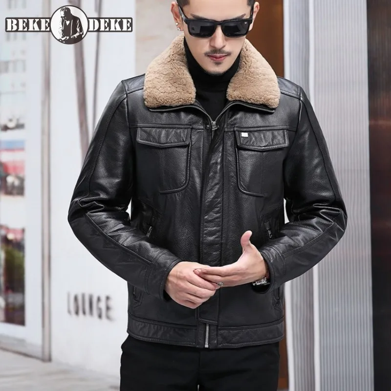 

Winter Mens Down Coat Removable Lamb Wool Collar Business Casual Cargo Outerwear Fashion Genuine Leather Cowhide Short Jacket