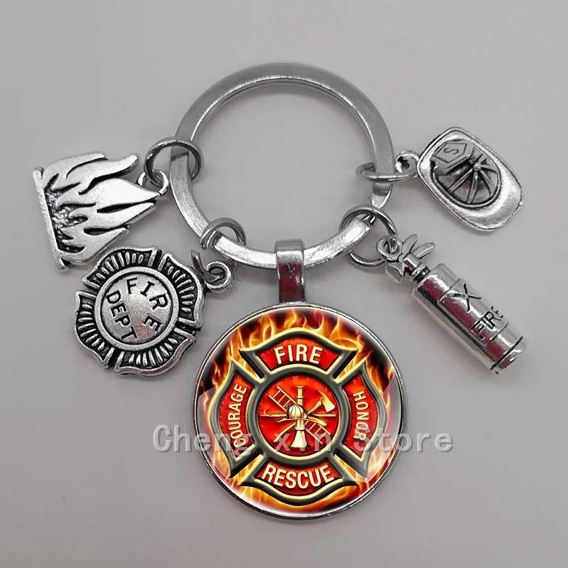 1 creative glass metal fireman hat keychain fire extinguisher keychain flame keychain fire alarm badge keychain hero gift