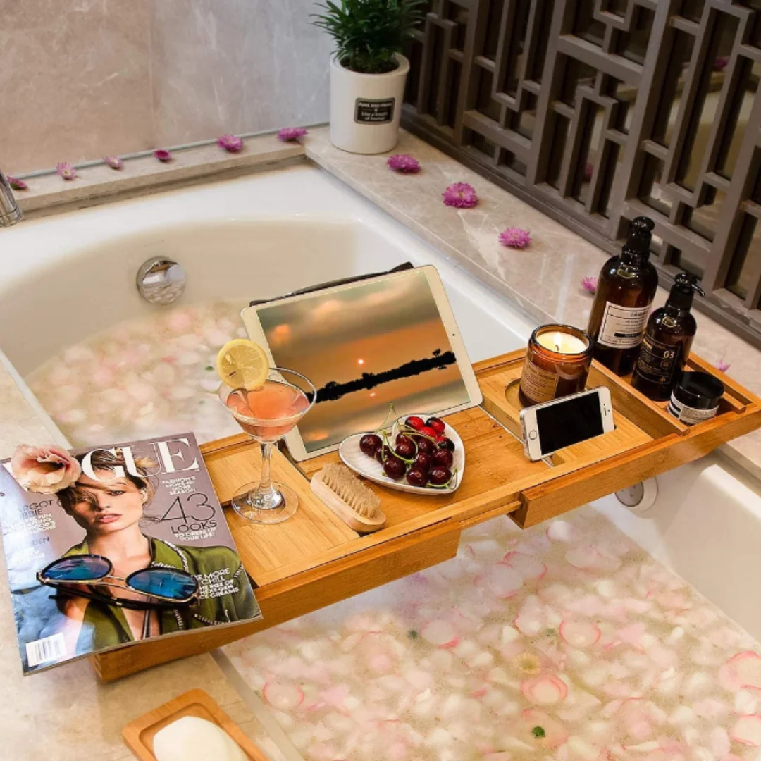 Bamboo Adjustable Organizer Tray for Bathroom, Free Soap Dish, Suitable for Luxury Spa or Reading