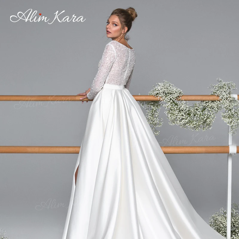 فستان زفاف بأكمام طويلة على شكل حرف a 2025 فستان عروس سبليت على شكل حرف v مخصص للأميرة Alim Kara EL05 مقاس كبير فيستدو دي نوفيا