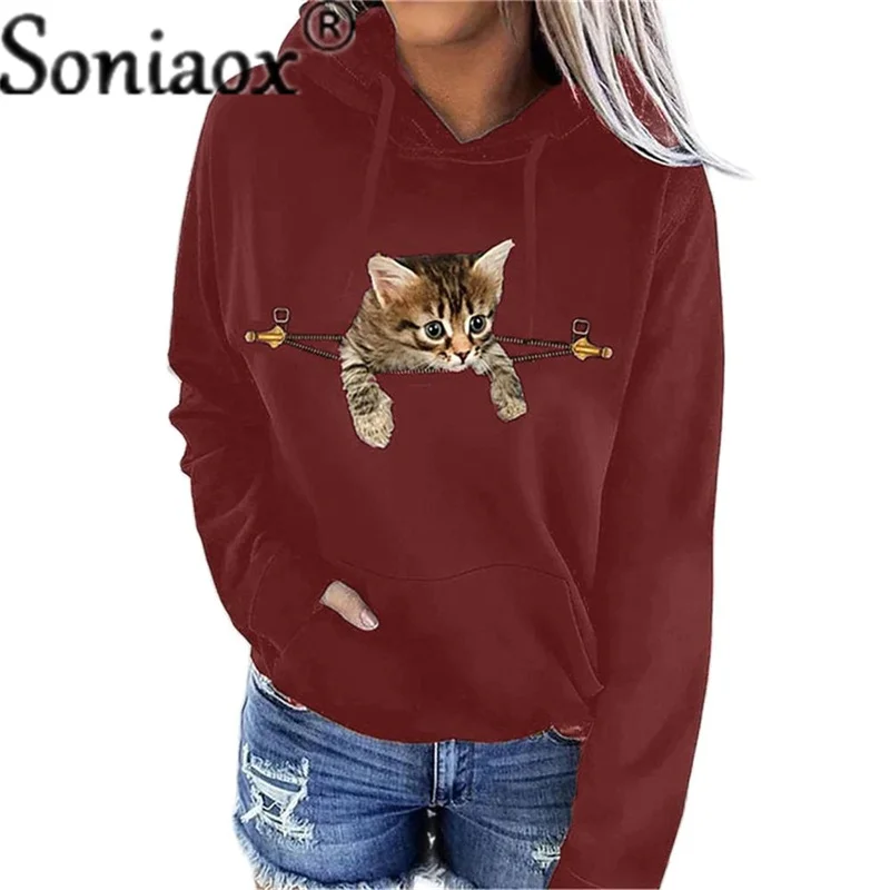 Hoodie Wanita Sweter Saku Kanguru Lengan Panjang Kasual Hoodie Wanita Hangat Musim Gugur Musim Dingin Mantel Pullover Print Kucing Kartun