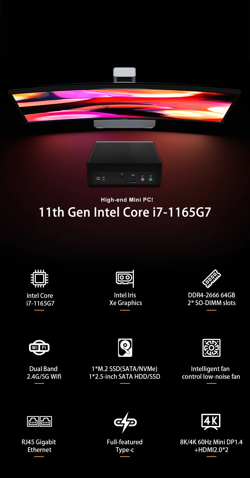 11th Mini Computer da gioco Intel Core i7 1135G7 1165G7 2 * HDMI DP1.4 M.2NVME Supporto TPM2.0 Windows11 Ultra Pc