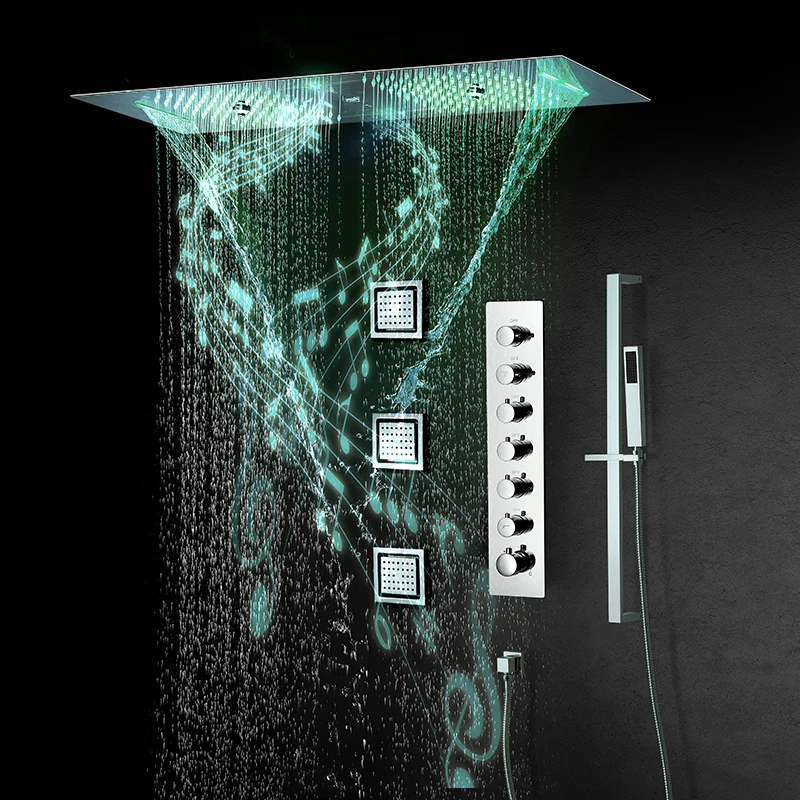 Luxurious Large 900×300mm Rain Shower Panel 6 Functions Shower System Thermostatic Bathroom Faucet Bath Tap LED Music Showerhead