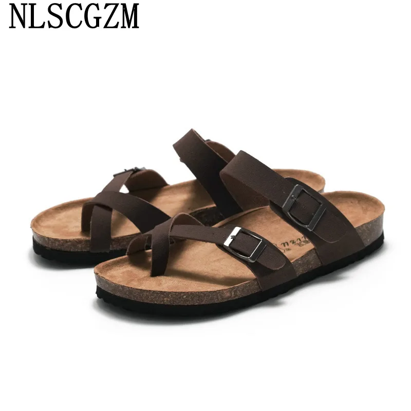 Unisex Leather Slippers for Men 2024 Double Monk Strap Massage Slippers Man Footwear Slippers for Men Casual Summer Shoes Men